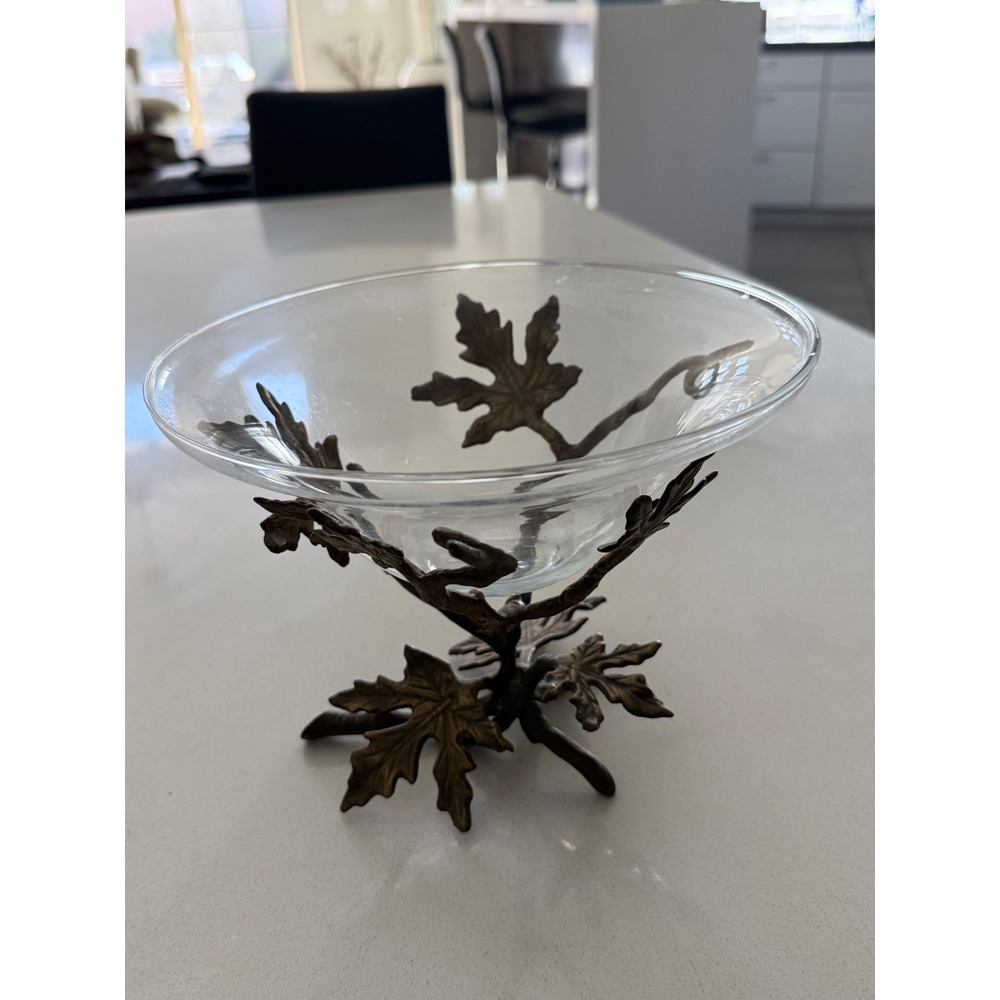 Vintage Maple Leaf Branch Bronze Tone Metal Base Clear Glass Centerpiece Bowl